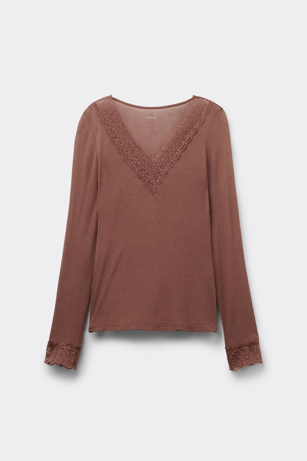 Long-Sleeved Merino Wool and Lace V-Neck Top  
