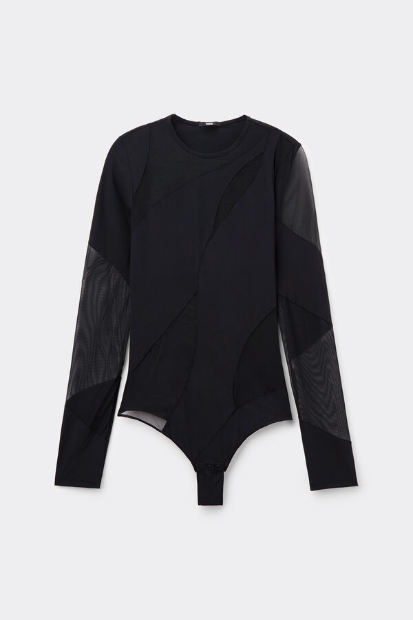 Body Manga Comprida Inser&ccedil;&otilde;es Microfibra e Tule  