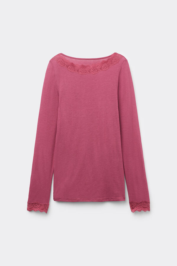 Langarm-Shirt mit U-Boot-Ausschnitt aus Spitze/Merinowolle  