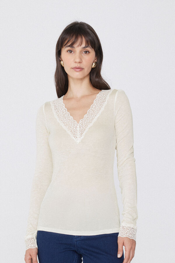 Maglia Maniche Lunghe Scollo V Pizzo/Lana Merino  