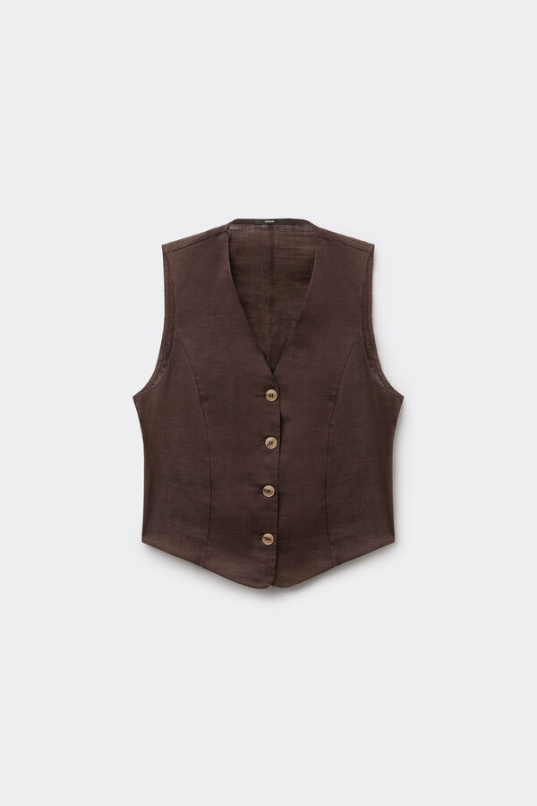 Gilet Toile de Coton &agrave; Boutons Effet Lin  