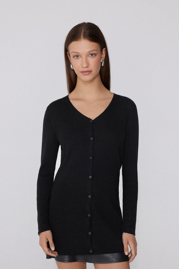 Long Thick Ribbed V-Neck Cardigan With Wool  