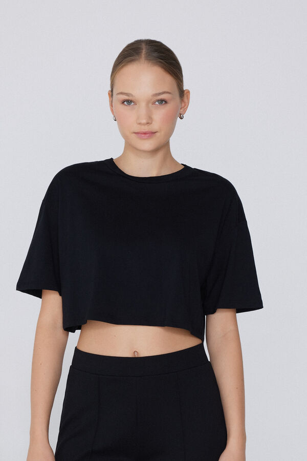 Boxy Crewneck Cropped Cotton T-Shirt  
