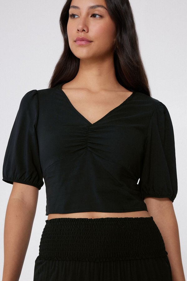 Short Sleeve Viscose Crop Top with Gathering  