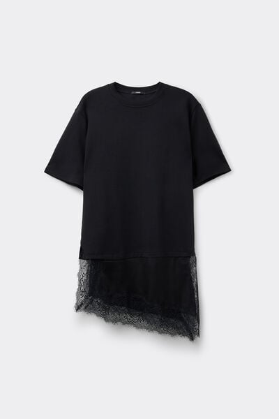 T-Shirt Cotone con Inserto Raso e Pizzo