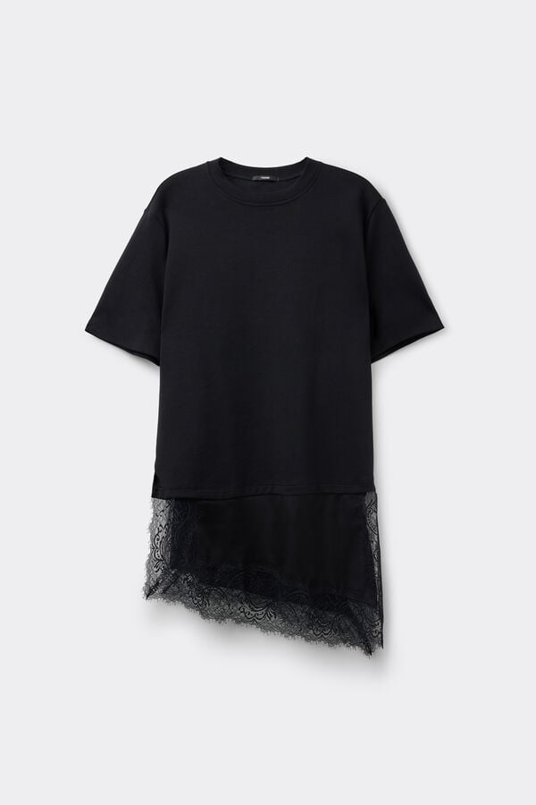 T-Shirt Cotone con Inserto Raso e Pizzo  