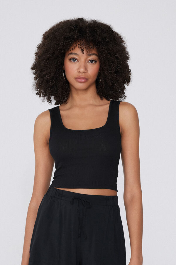 Ribbed Cotton Crop Top with Wide Shoulder Straps  