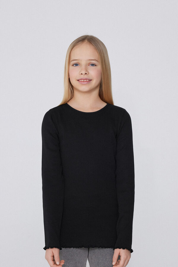 Langarm-Rundhalsshirt gerippt mit Muschelkanten f&uuml;r M&auml;dchen  