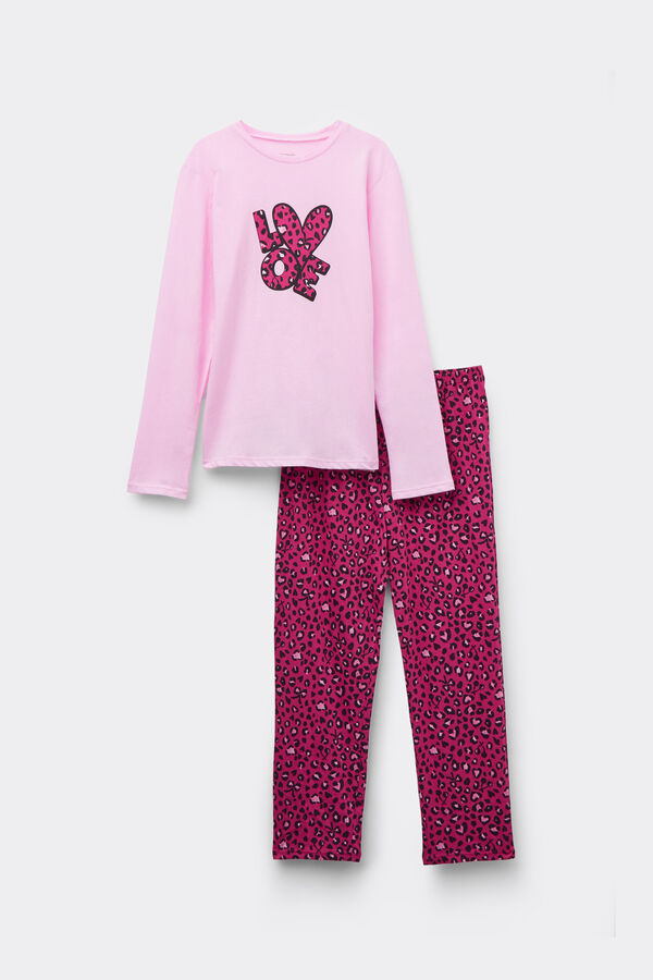 Pijama Comprido Menina Algod&atilde;o Estampado Animalier  