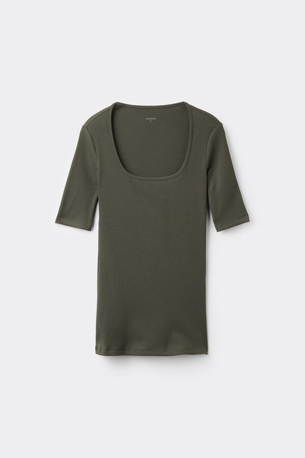 Short Sleeved Square Neck Ribbed Cotton T-shirt  