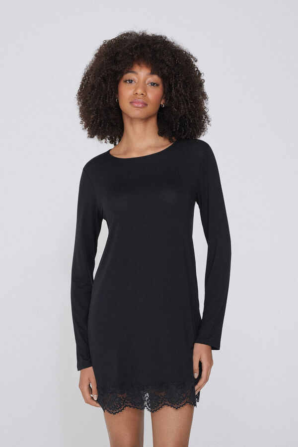 Long Sleeve Viscose and Lace Nightgown  