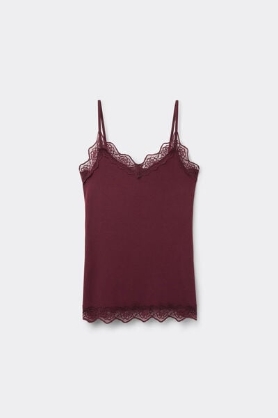 Viscose and Lace Camisole with Thin Shoulder Straps and V-Neck