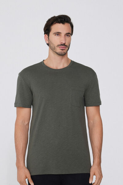 T-Shirt aus geflammter Baumwolle mit Brusttasche