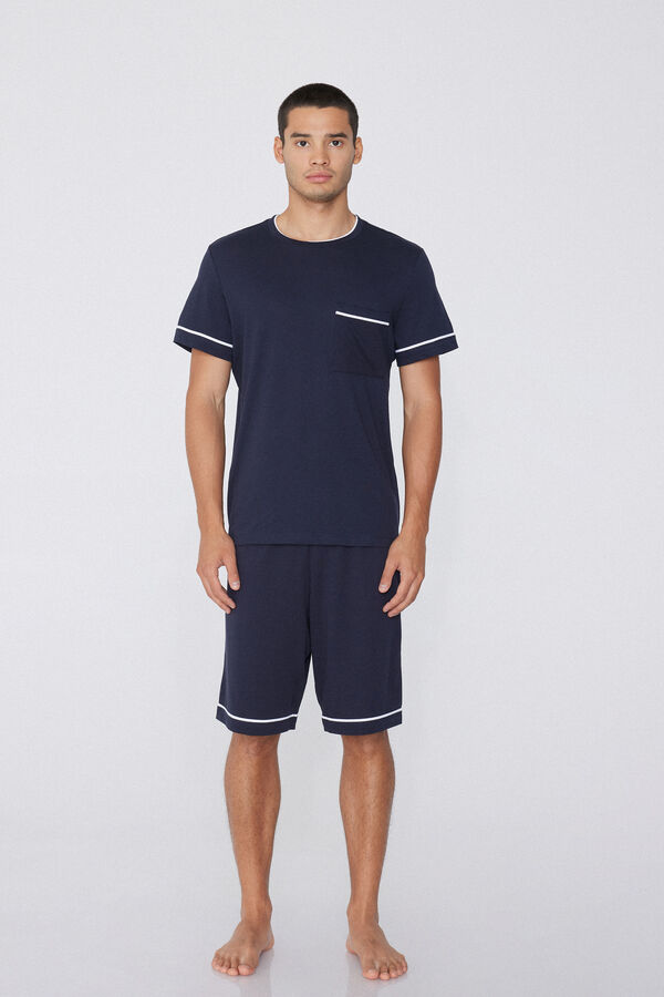 Piped Basic Short Cotton Pyjamas with Pocket  