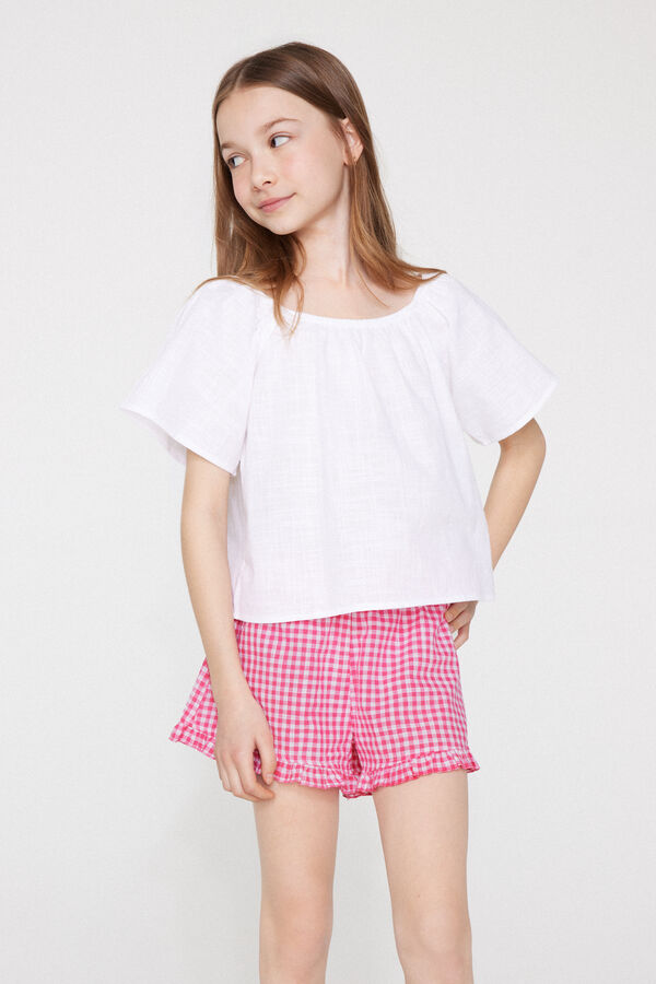 Short Fille Toile Coton Effet Lin Ruches  