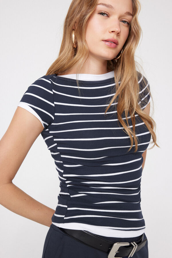 Ribbed Cotton Boat Neck T-Shirt  