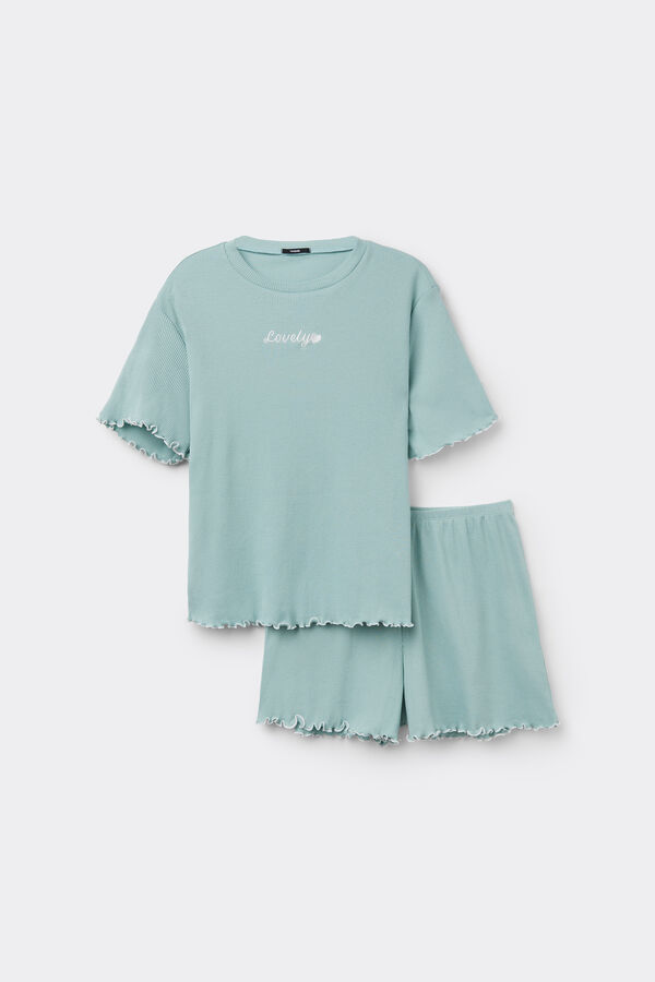 Short-Sleeved Short Ribbed Pyjamas with Embroidery  