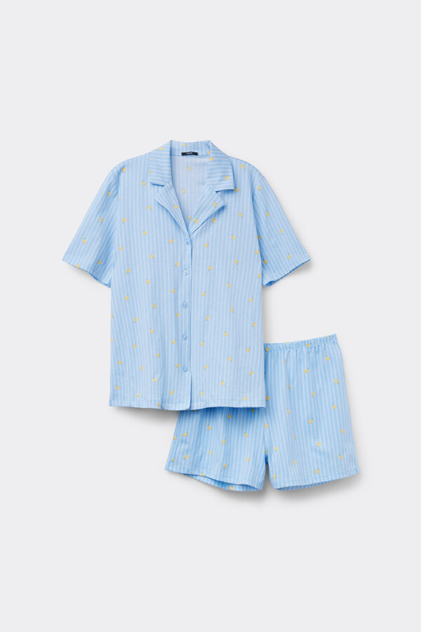 Short Cotton Button-Up Pyjamas with Lemon Print  