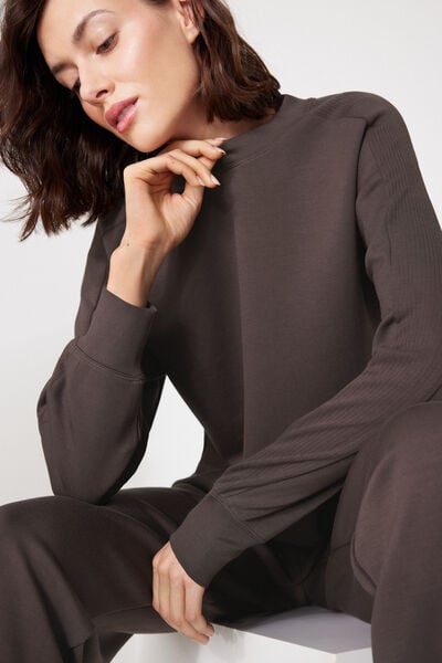 Camisola Felpa Decote Redondo Faixas Caneladas Superior Softness