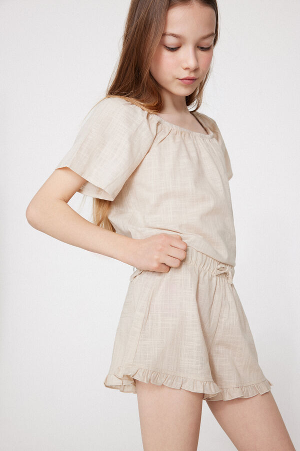 Short Fille Toile Coton Effet Lin Ruches  