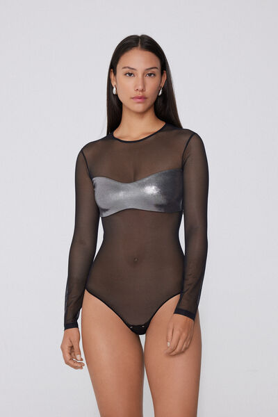 Long-Sleeved Coated Bandeau Bodysuit