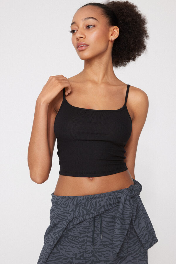 Ribbed Cotton Crop Top with Thin Straps  