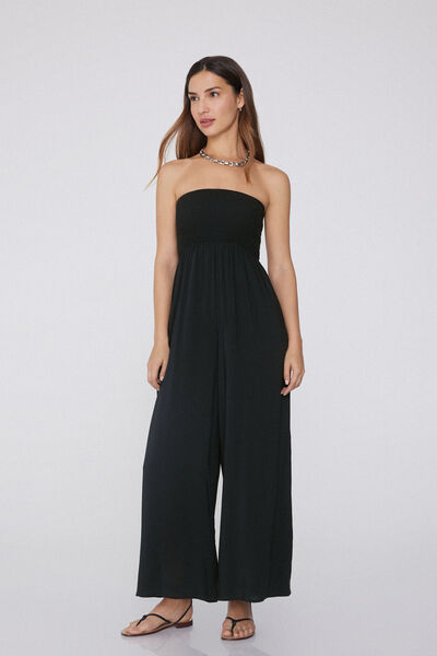 Long Smocked Viscose Bandeau Jumpsuit