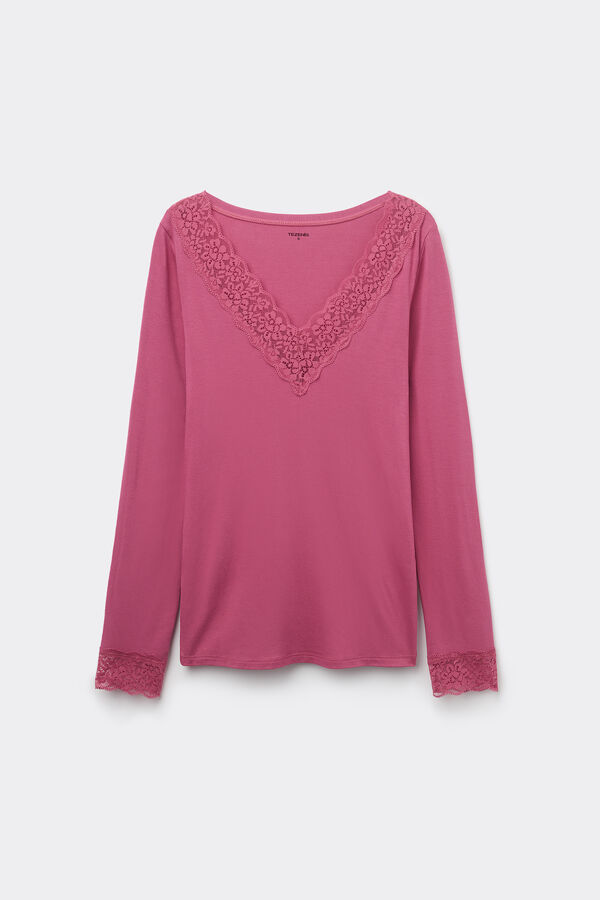 Long Sleeve V-Neck Top in Viscose and Lace  