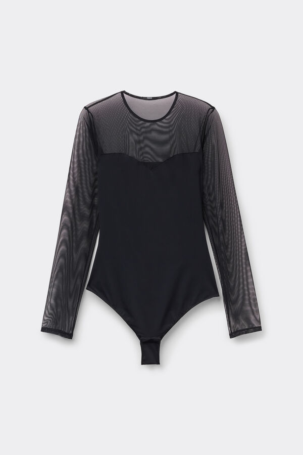 Body mit langen &Auml;rmeln aus Mikrofaser und T&uuml;ll  