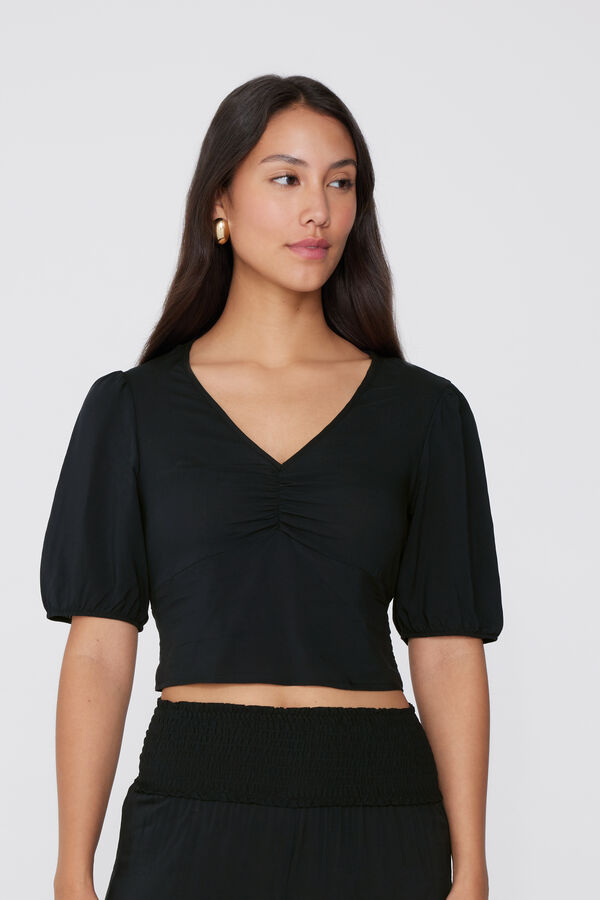Short Sleeve Viscose Crop Top with Gathering  