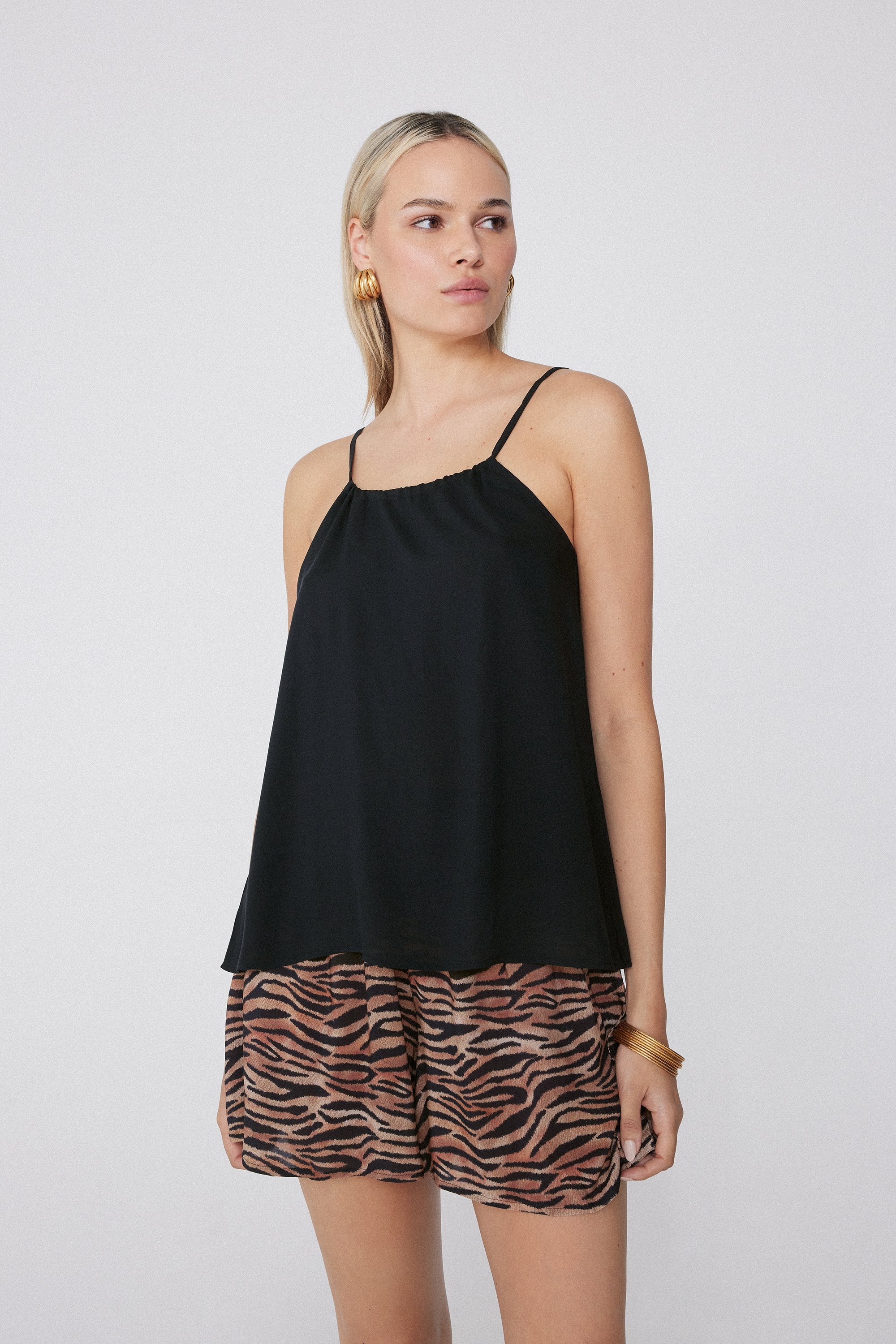 Viscose Fabric Top with Slender Shoulder Straps and Drawstring