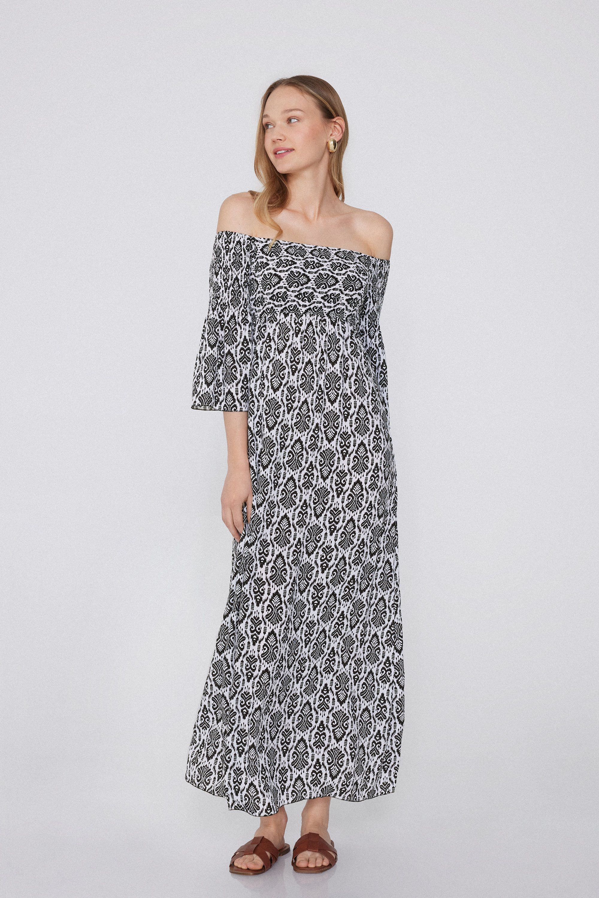 Long Stitched-Smock Off-The-Shoulder Dress