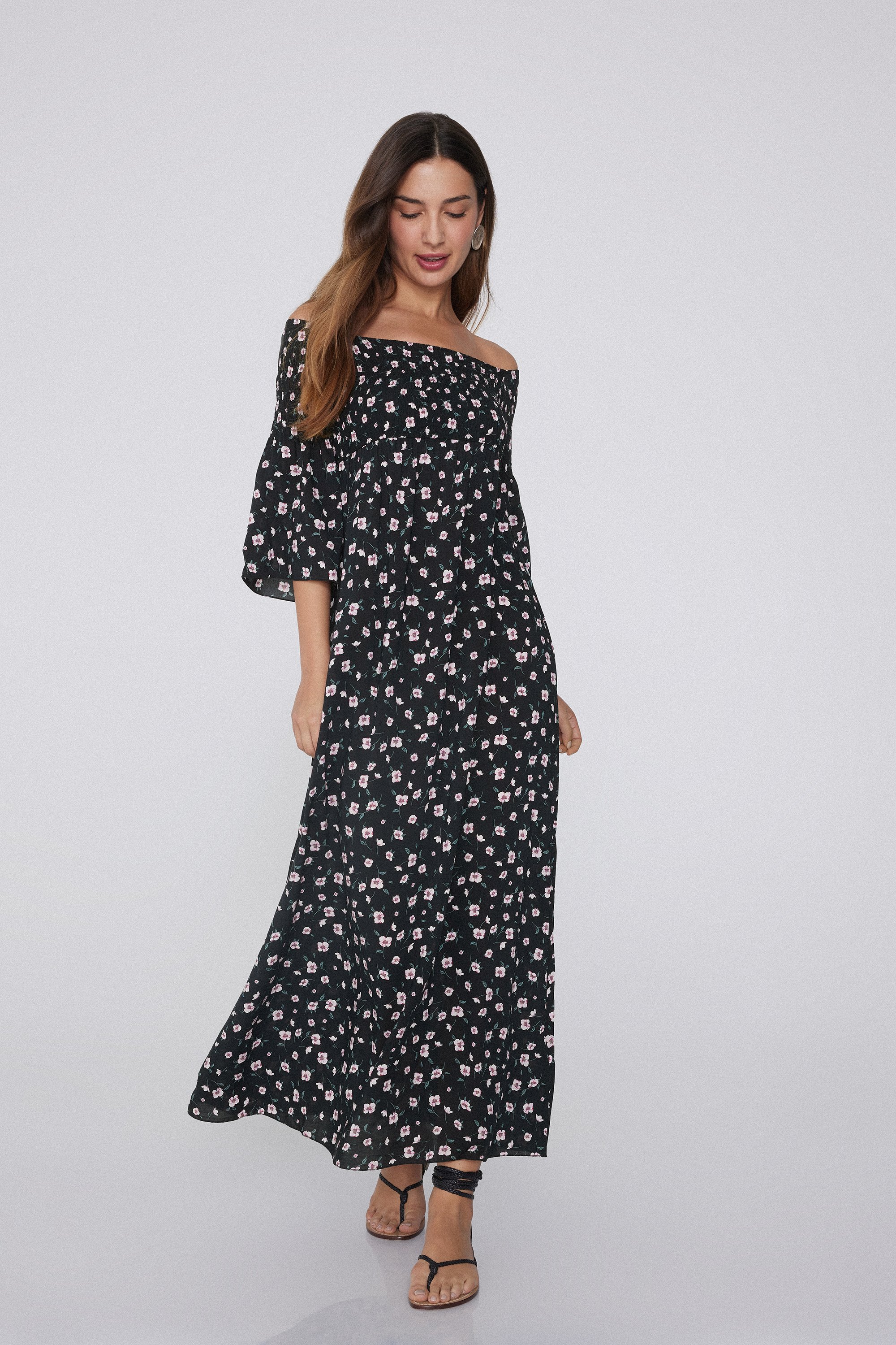 Long Off-the-Shoulder Smock-Stitched Dress