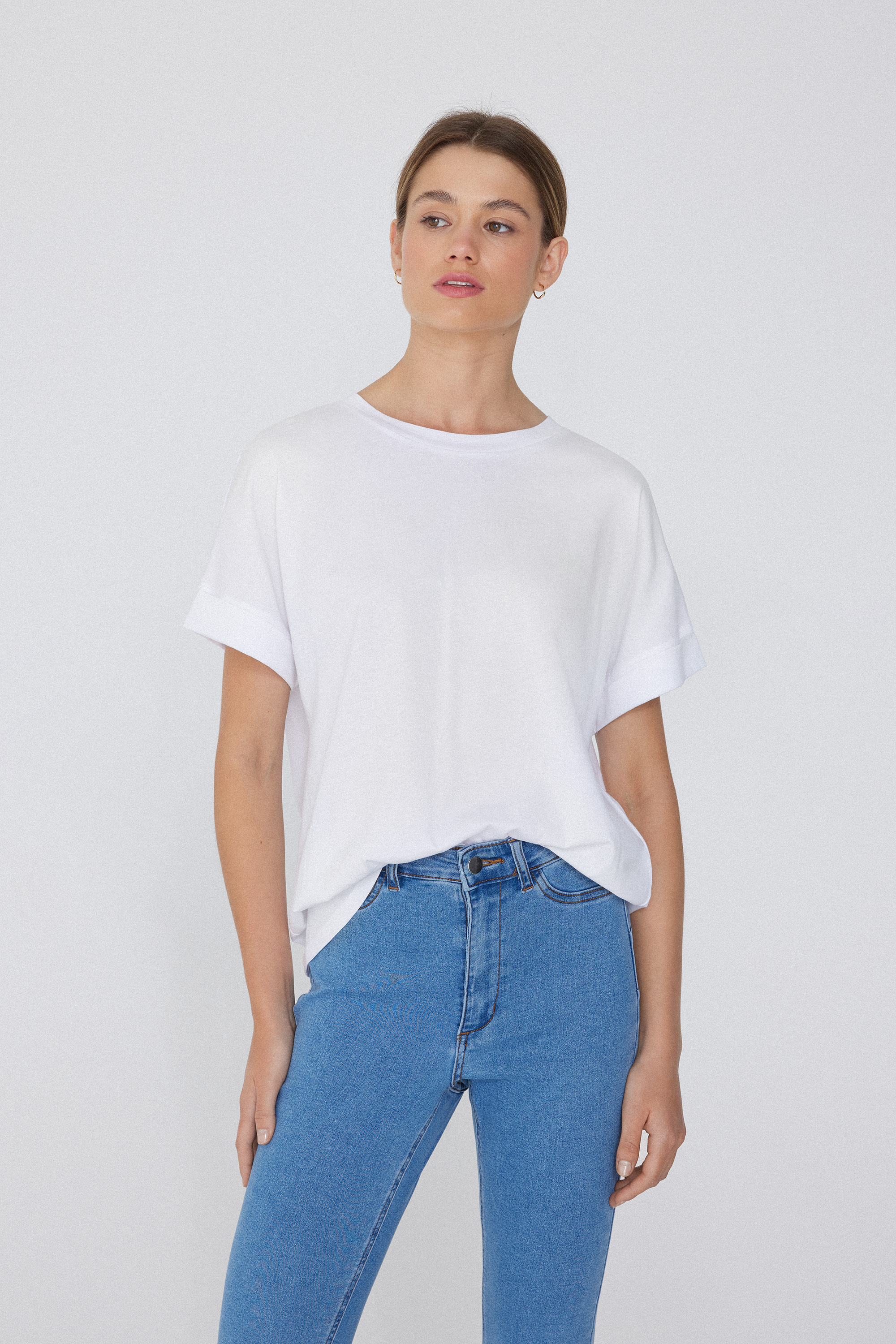 Turned-Up Kimono Sleeve Cotton T-Shirt