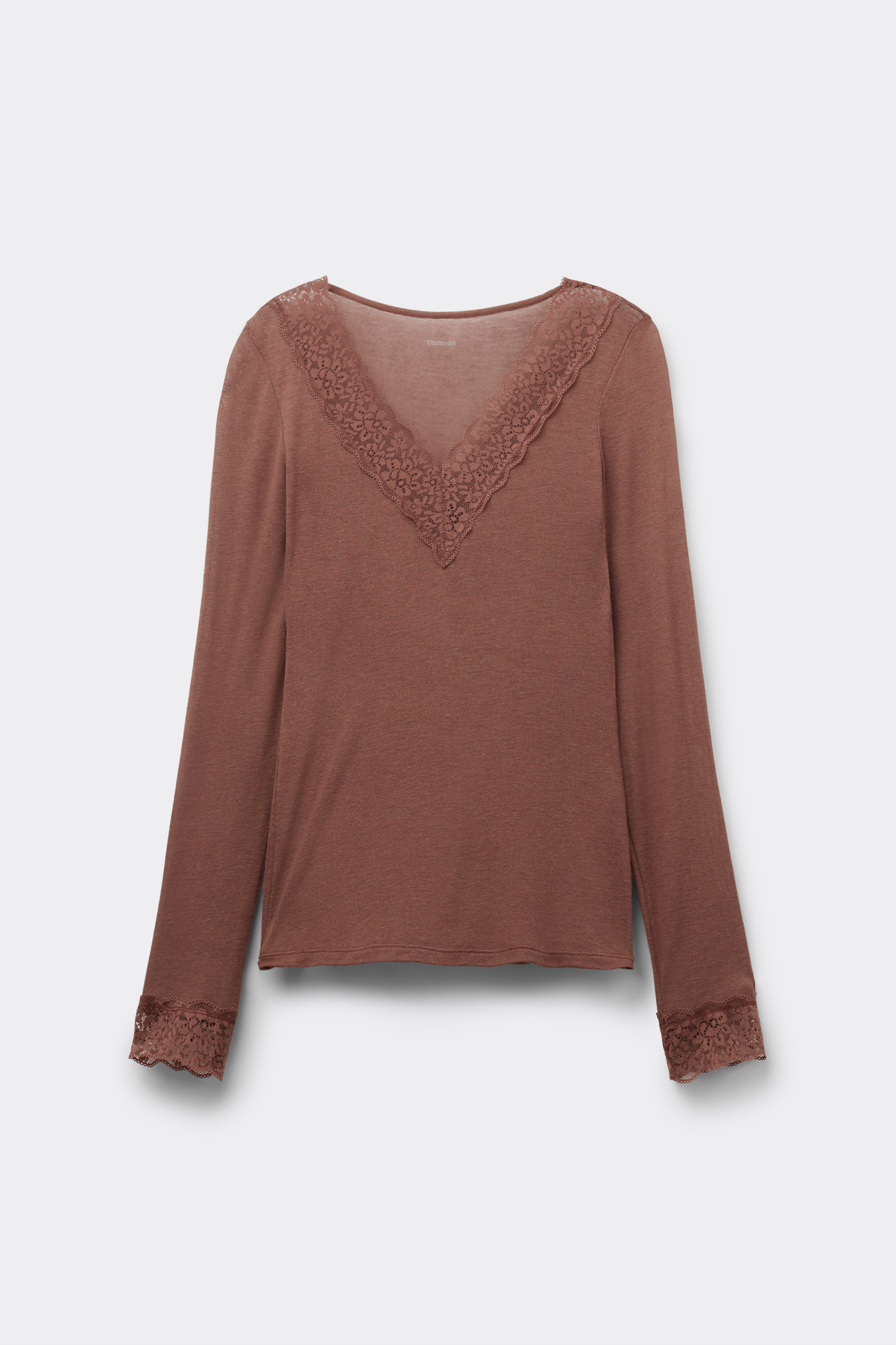 Long-Sleeved Merino Wool and Lace V-Neck Top