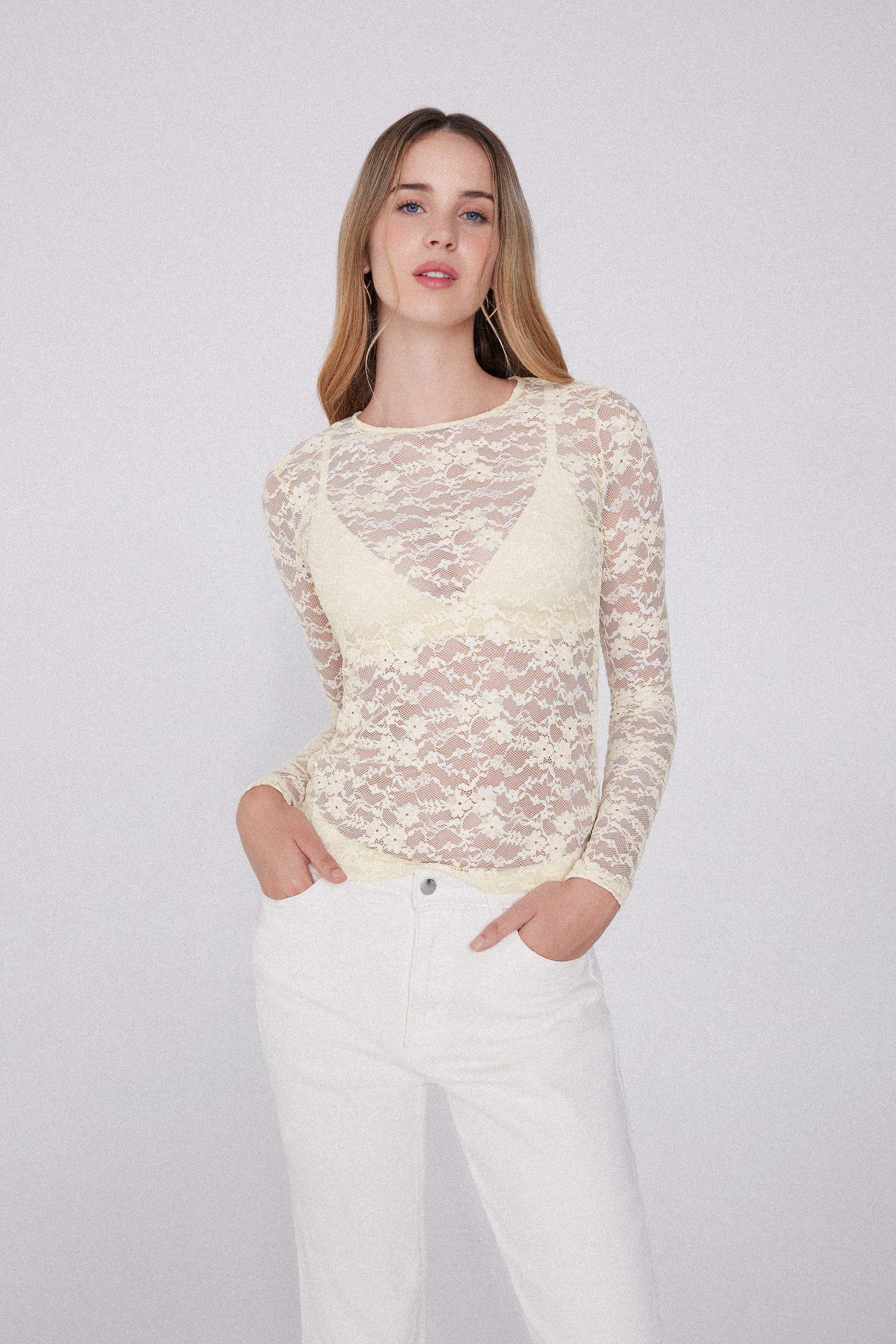 Bluzka z Długim Rękawem i Okrągłym Dekoltem z Koronki