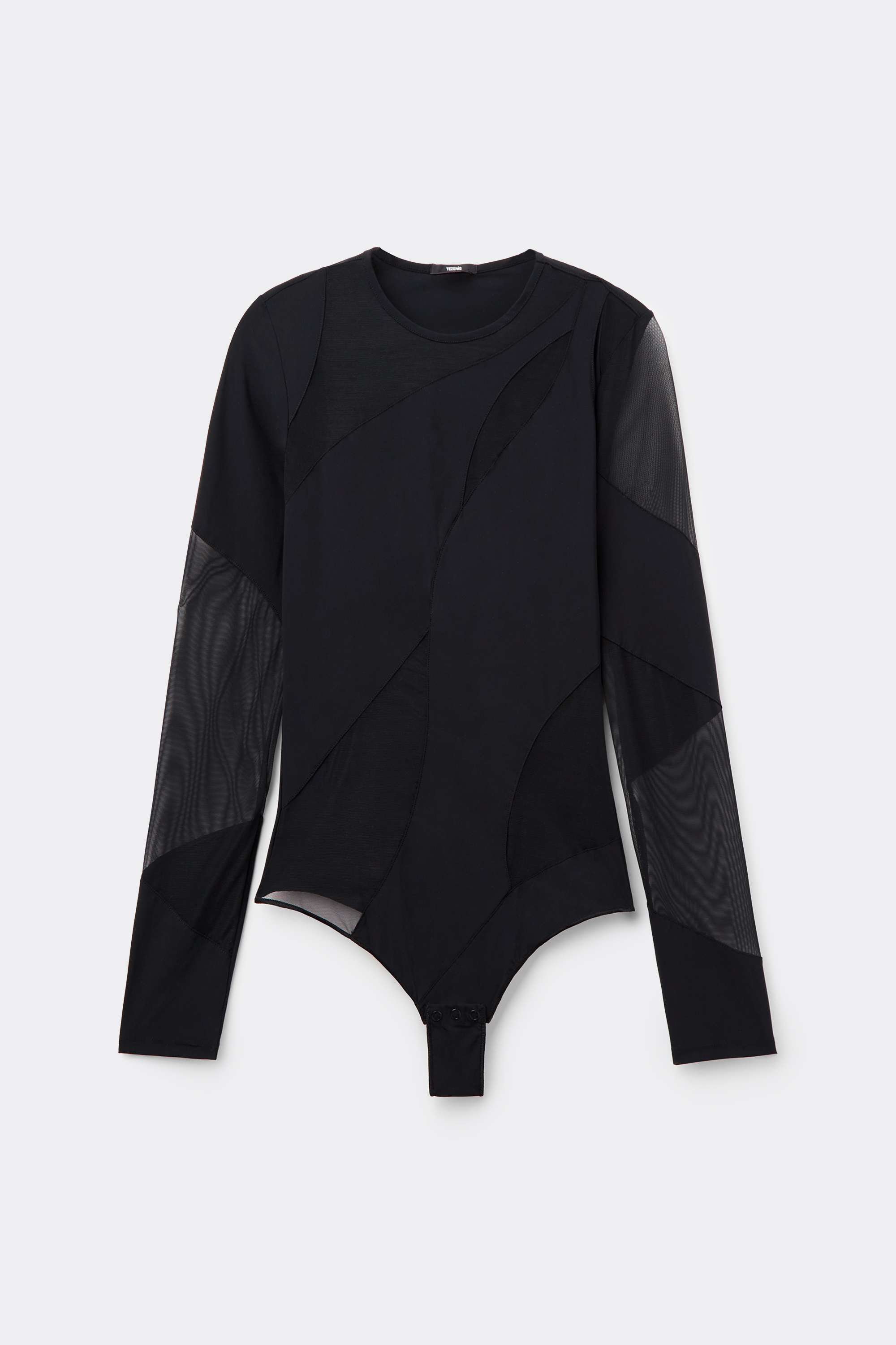 Body Manga Comprida Inser&ccedil;&otilde;es Microfibra e Tule