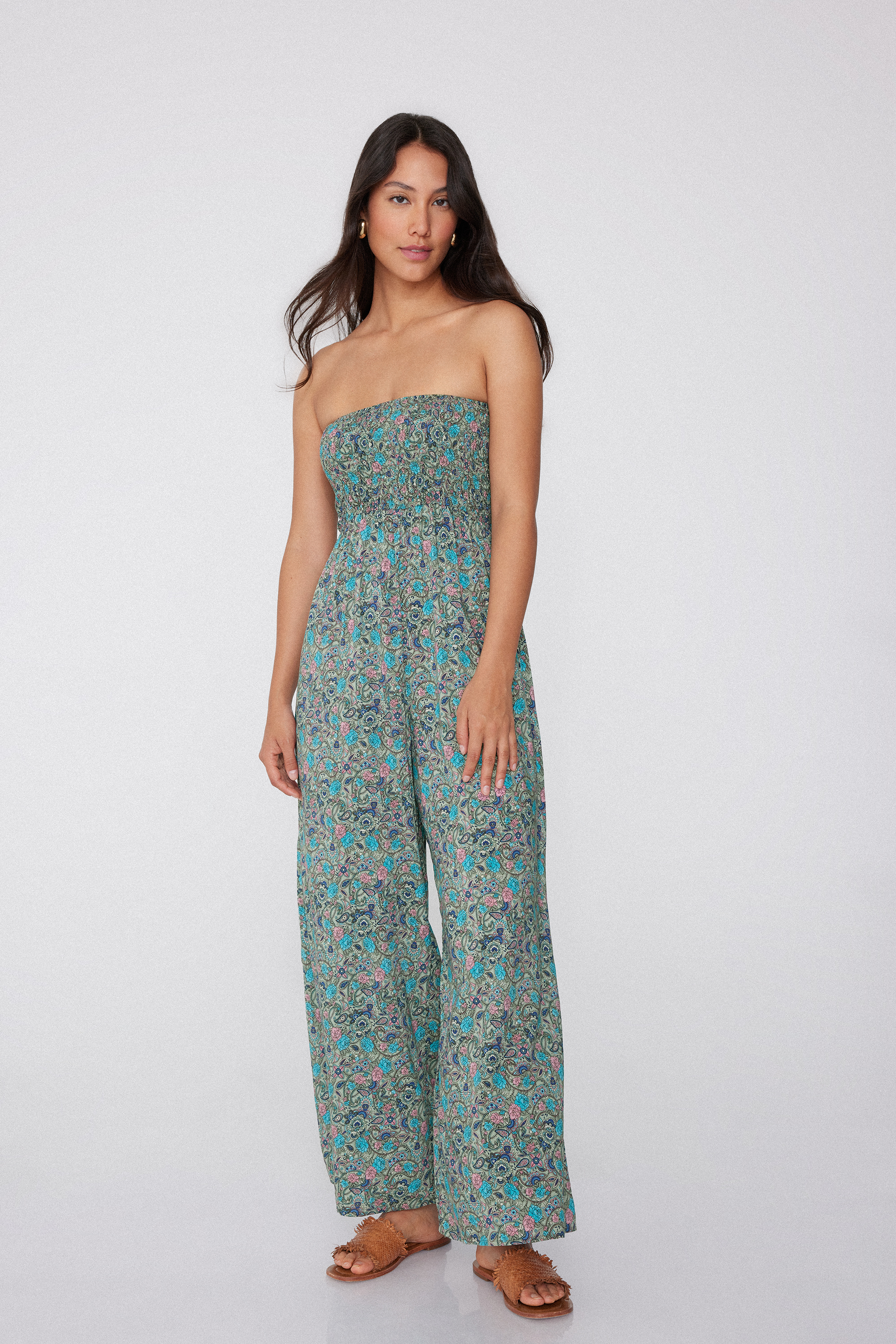 Long Smocked Viscose Bandeau Jumpsuit