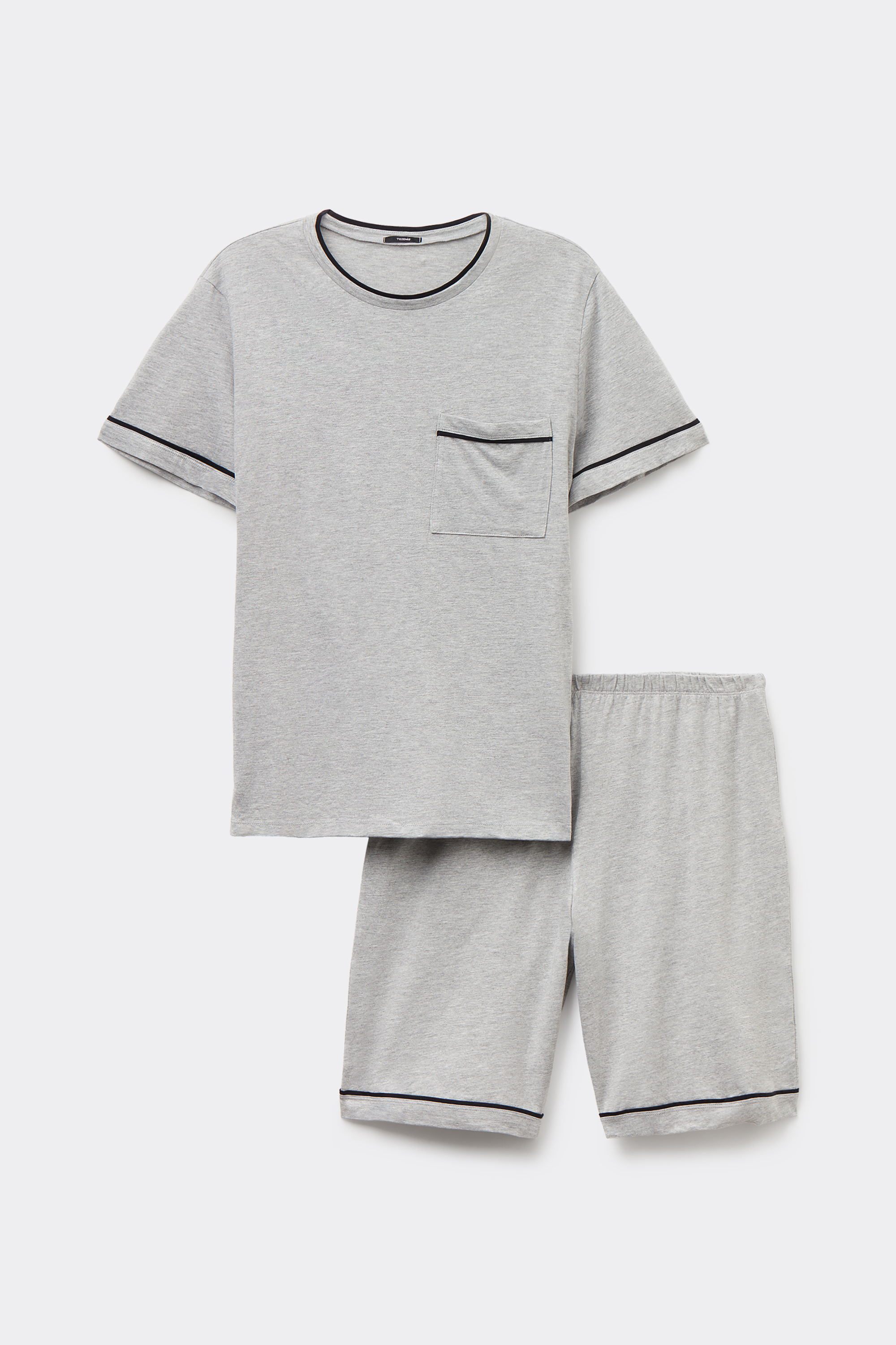 Piped Basic Short Cotton Pajamas with Pocket