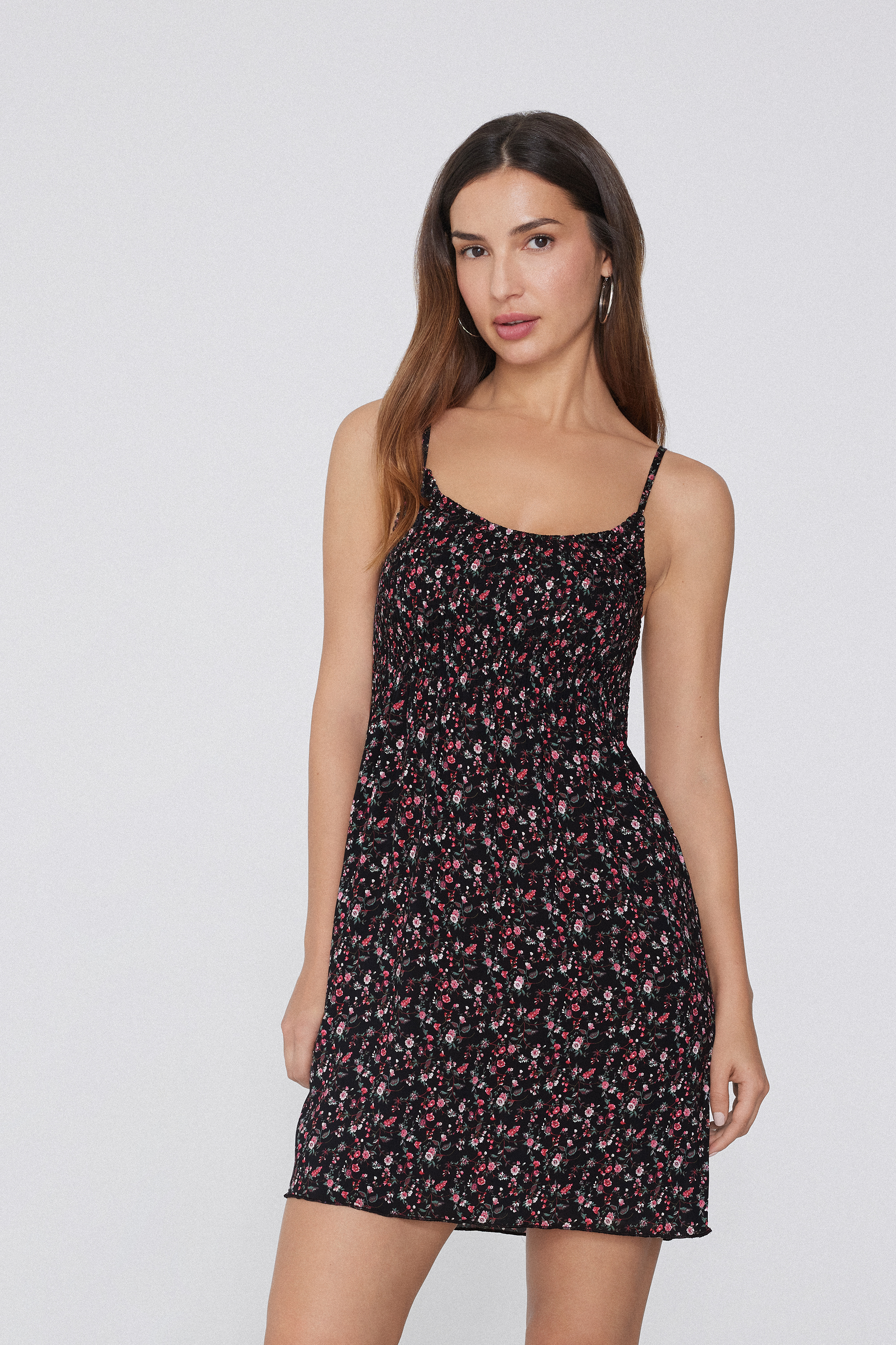 Smocked Viscose Spaghetti Strap Mini Dress