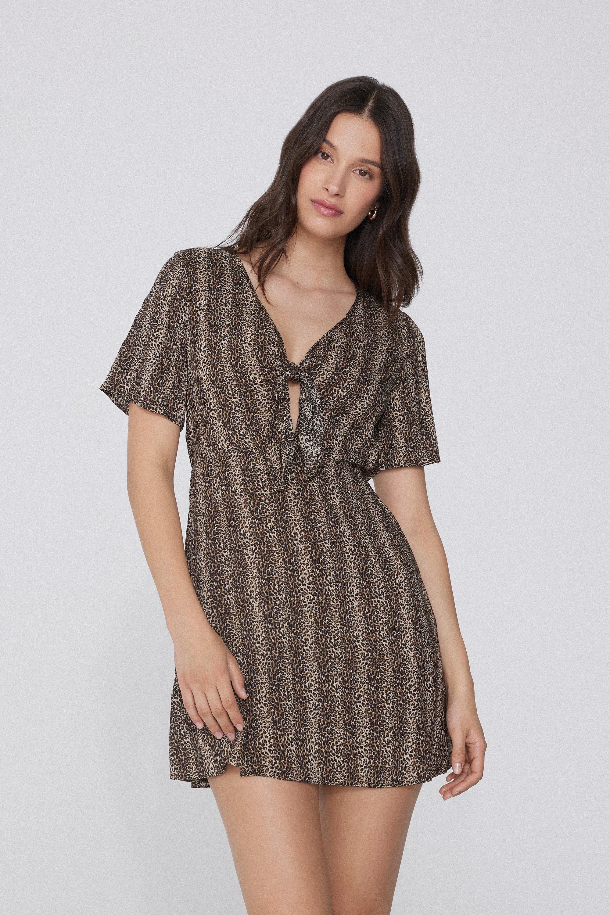 Short Sleeve Viscose Dress with Knot