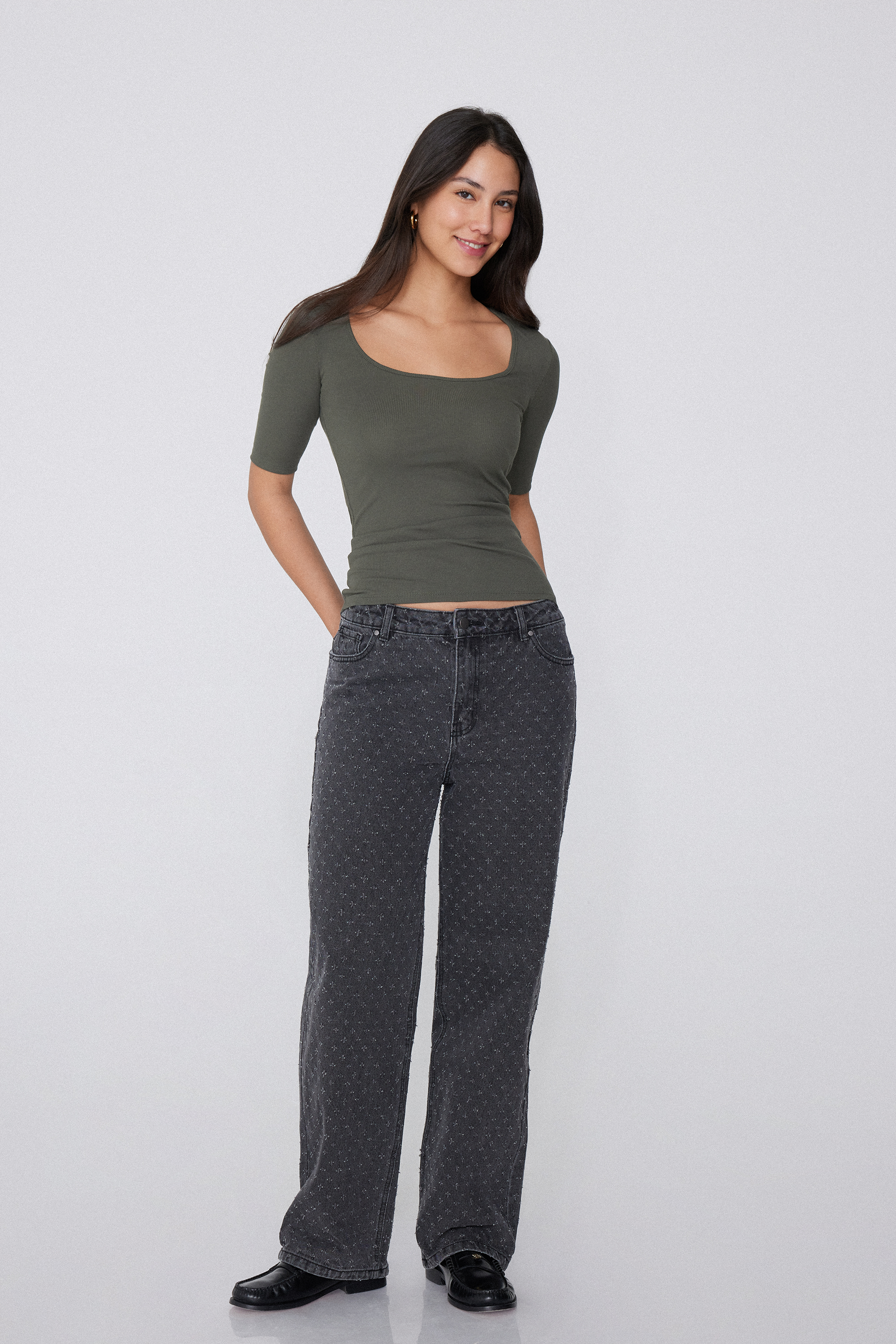 Short-Sleeved Square-Neck Ribbed Cotton Sweater