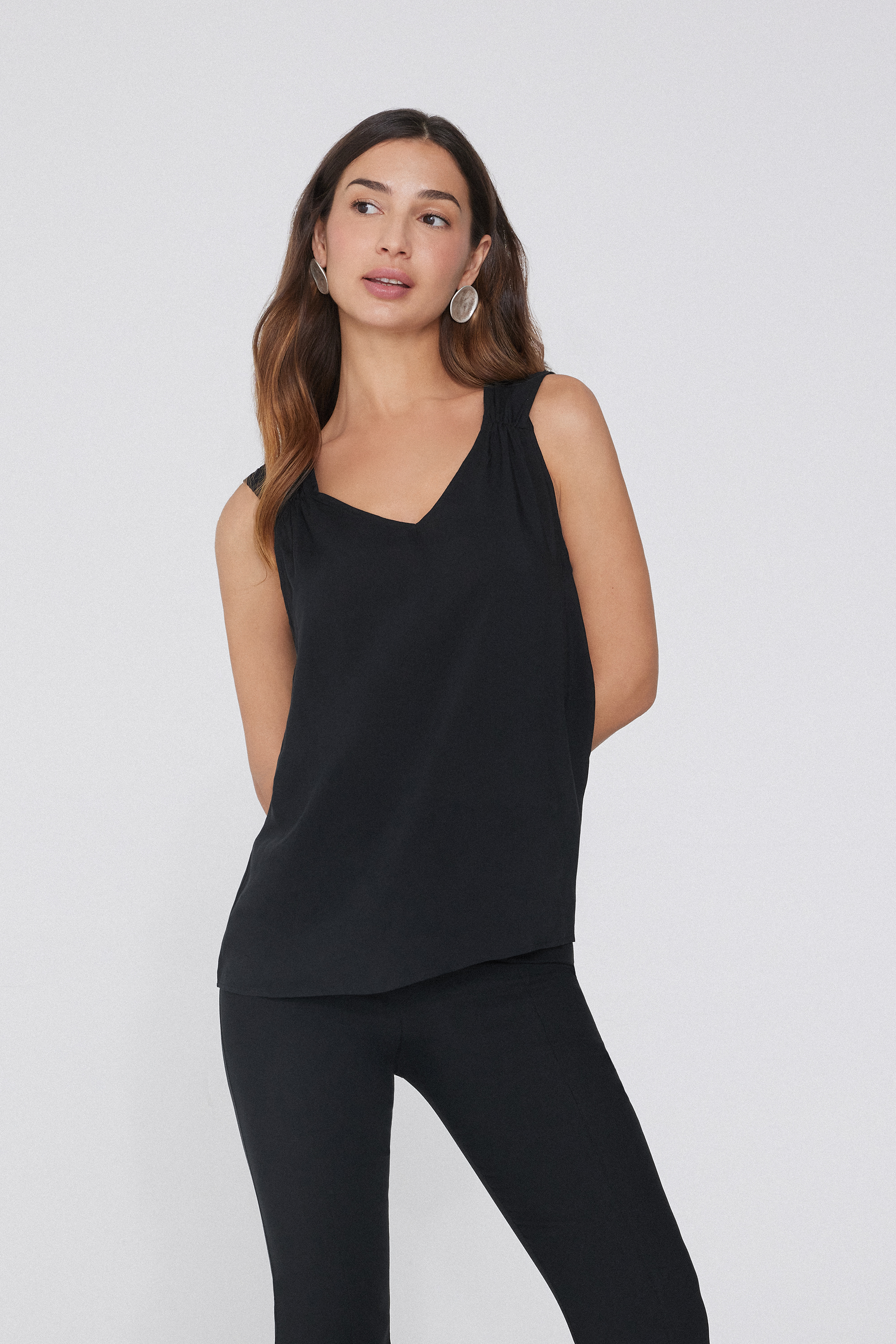 Wide-Strap Gathered Viscose Tank Top
