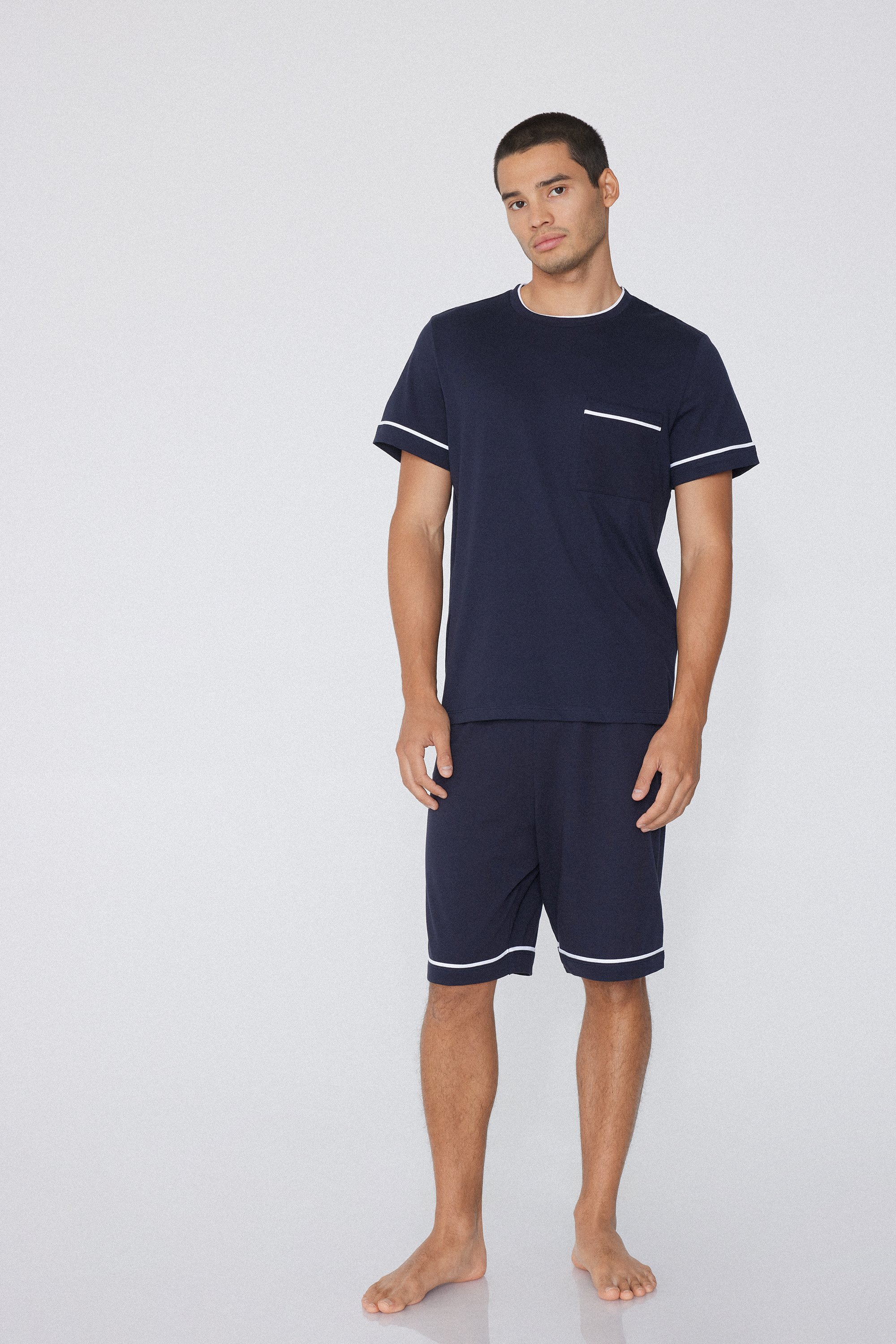 Piped Basic Short Cotton Pajamas with Pocket