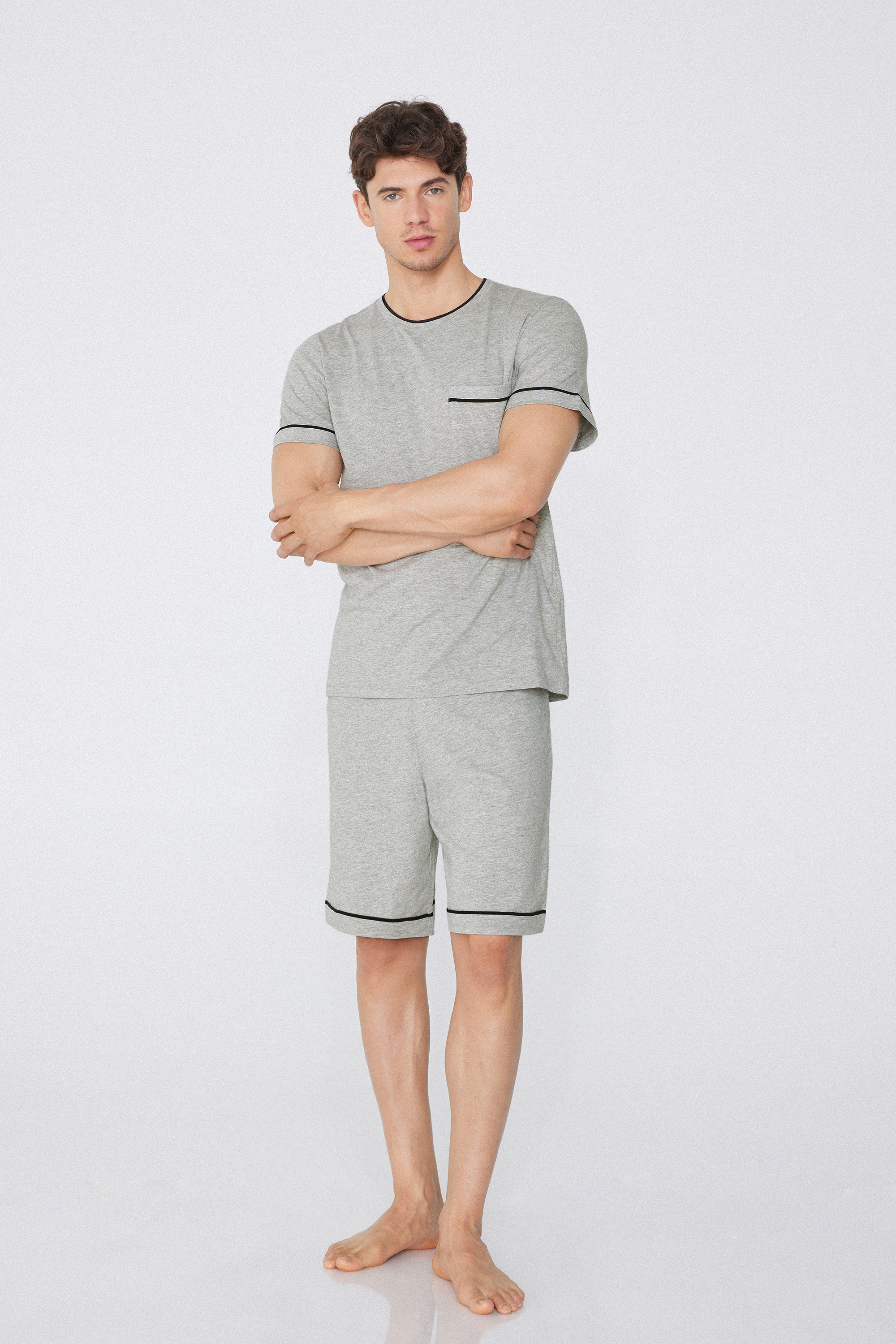 Piped Basic Short Cotton Pajamas with Pocket