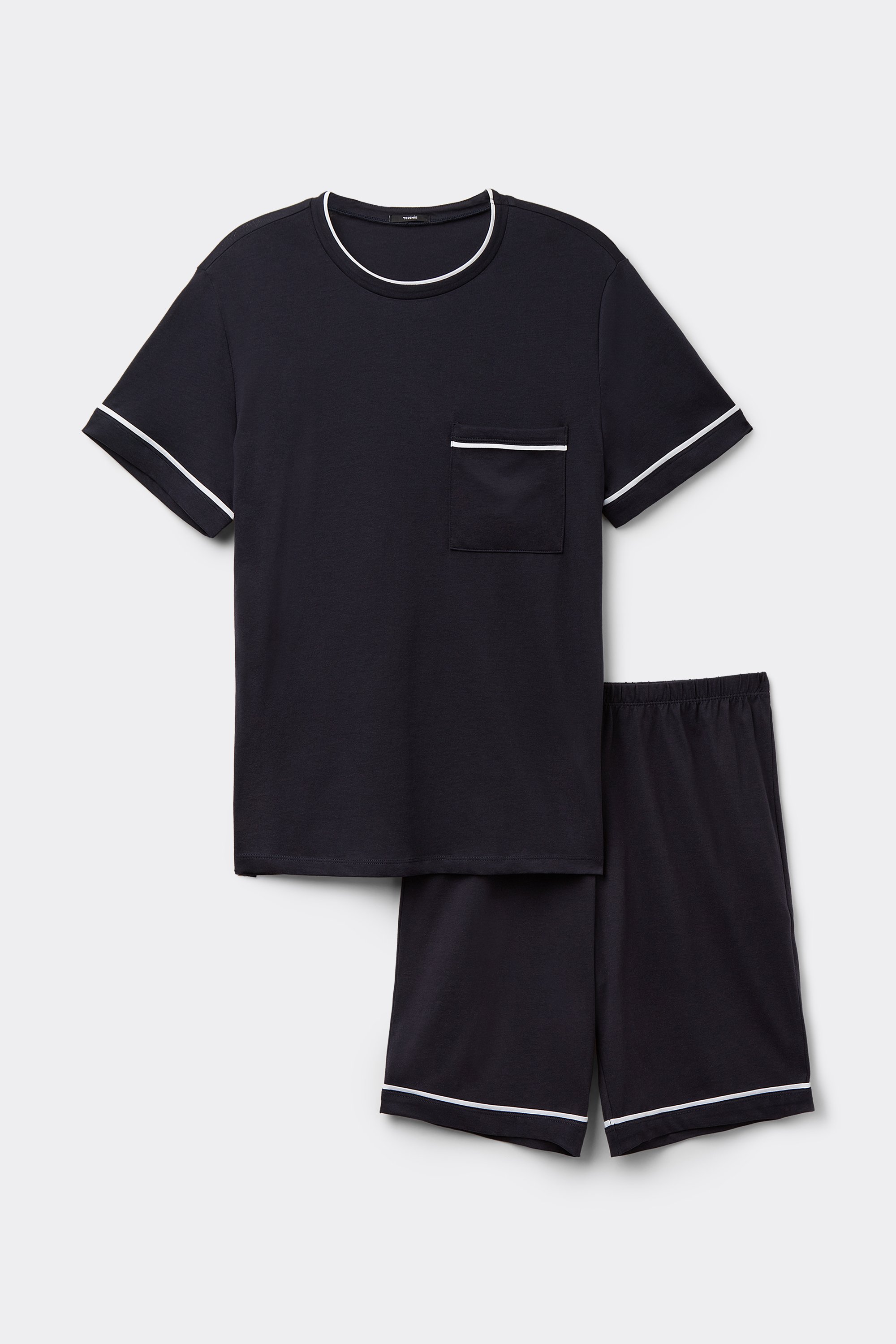 Piped Basic Short Cotton Pajamas with Pocket