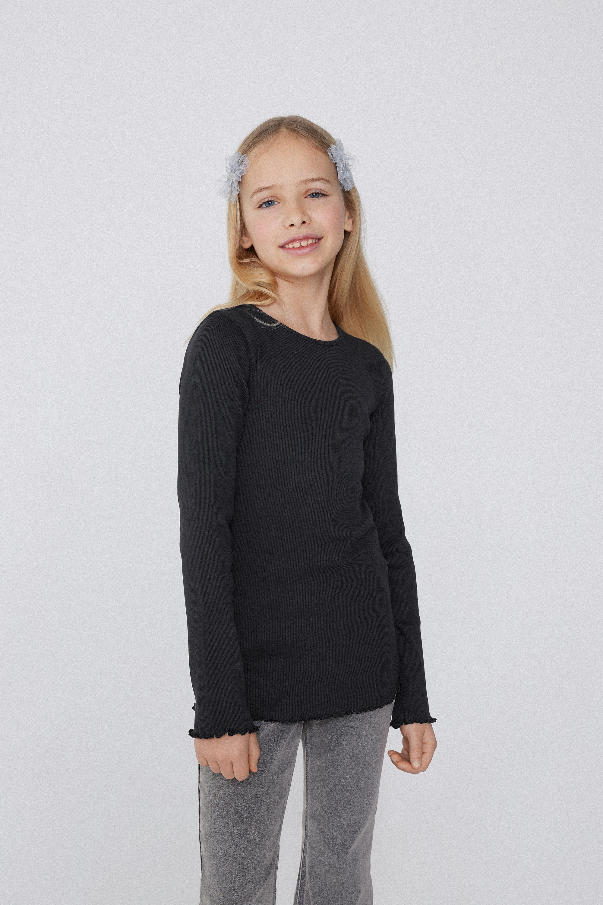 Girls&rsquo; Long Sleeve Ribbed Round-Neck Top with Rolled Hem
