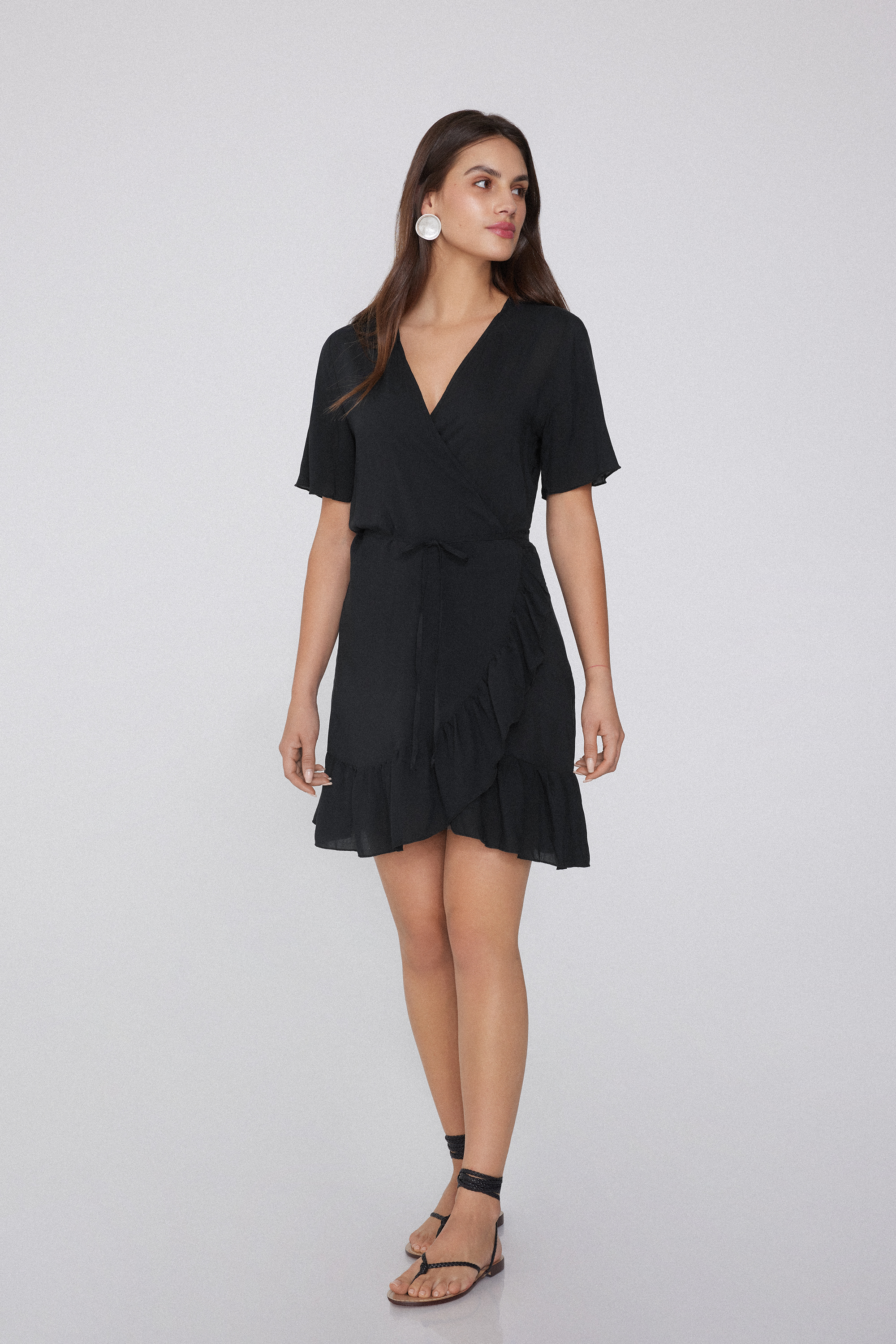 Short-Sleeved Viscose Fabric Mini Wrap Dress