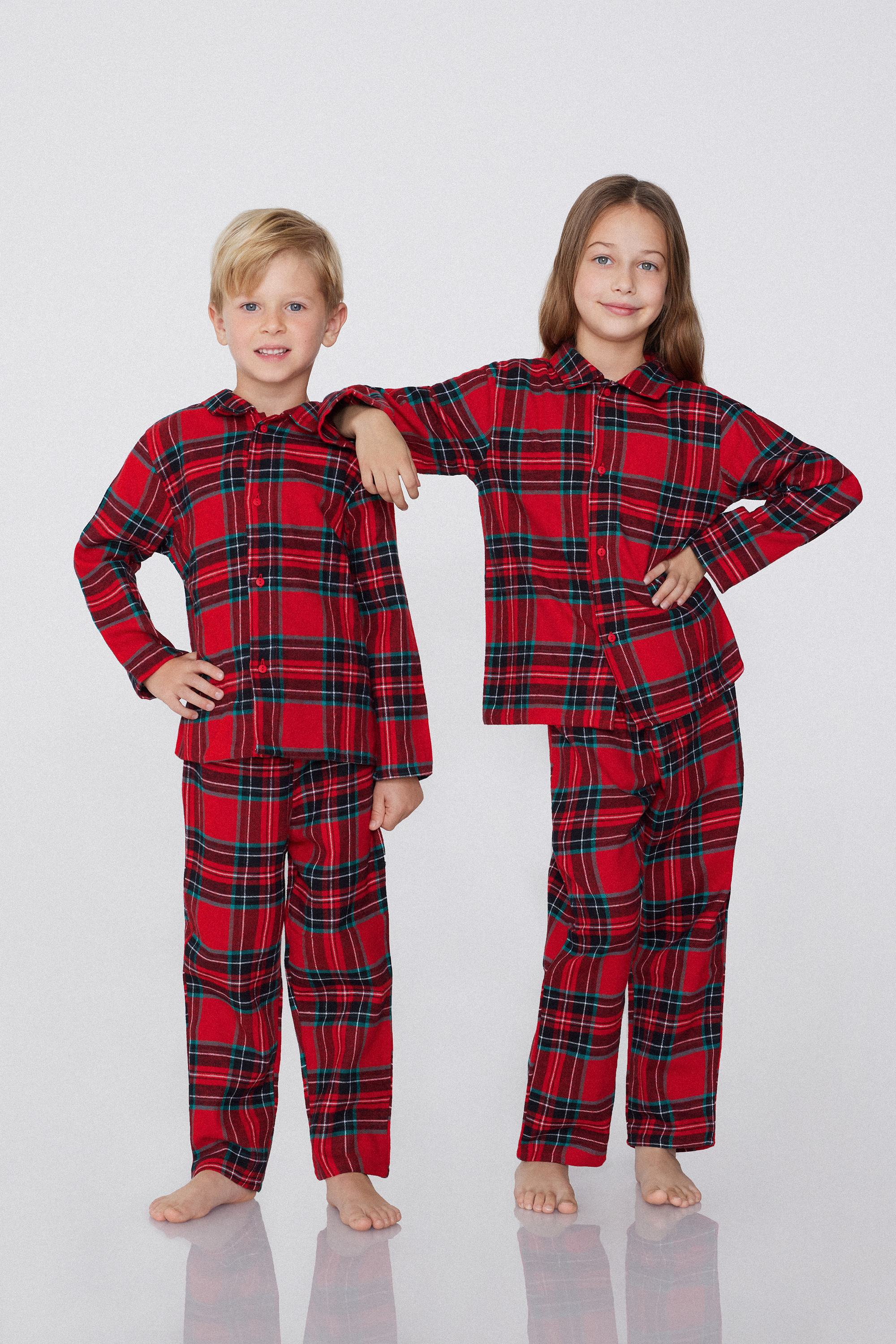 Unisex Kids Long Button-Down Tartan Flannel Pyjamas