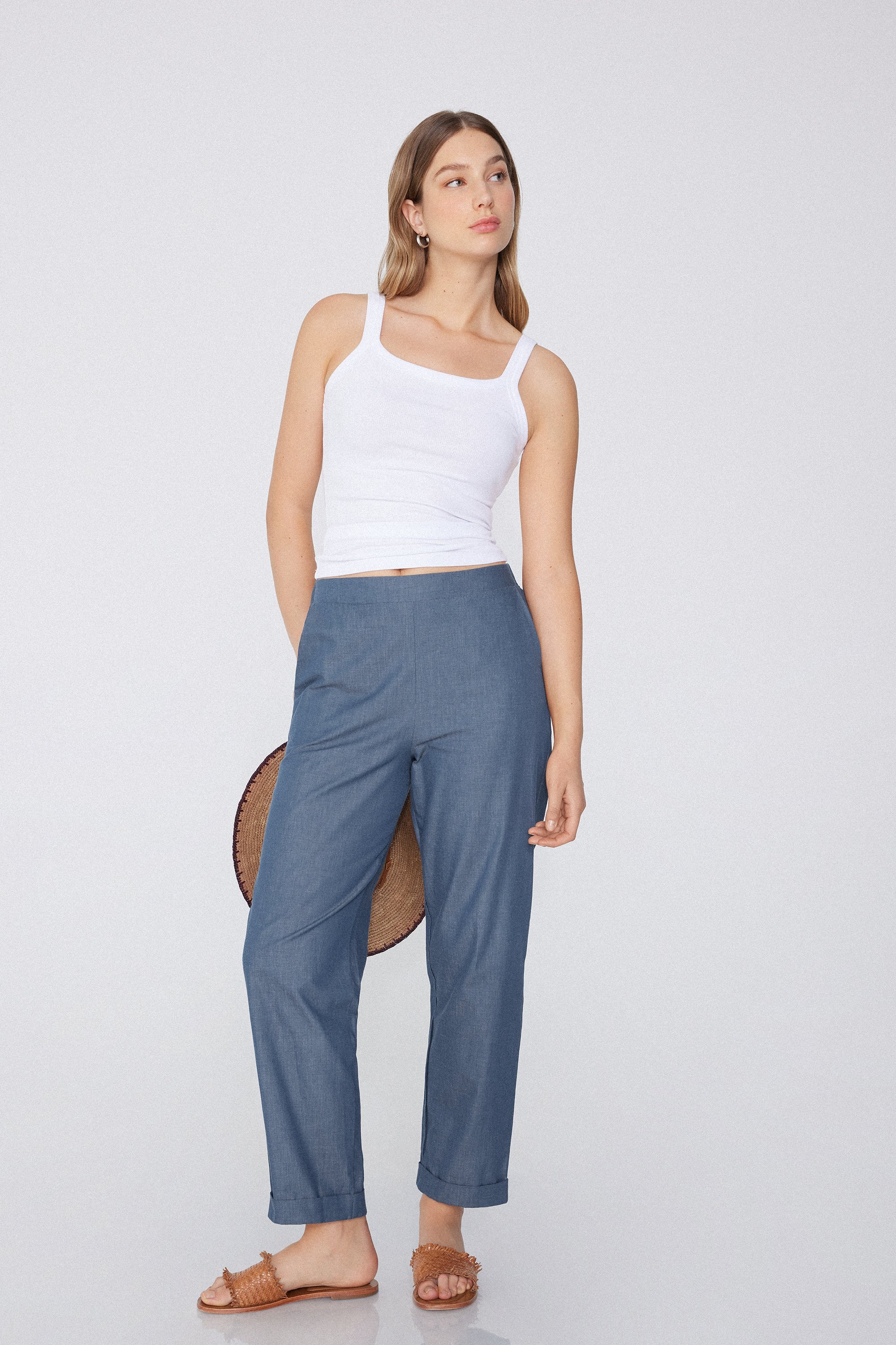 Denim-Effect Canvas Cigarette Trousers